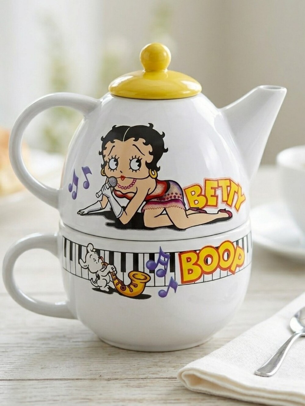 Betty Boop White Teapot and Cup Set with Yellow Lid and Colorful Graphics